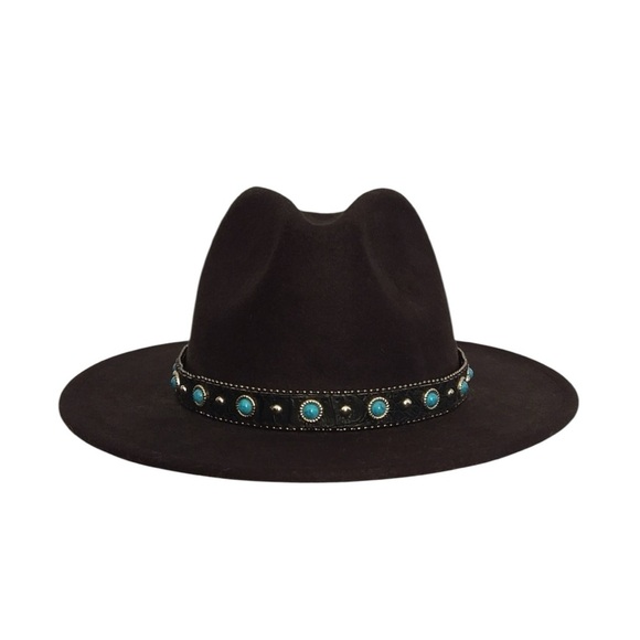 Black Unisex Hat with Concho Turquoise Embellishments - Picture 1 of 4